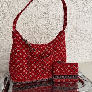 Vintage Vera Bradley Quilted Red Floral Shoulder Bag with Matching Wallet